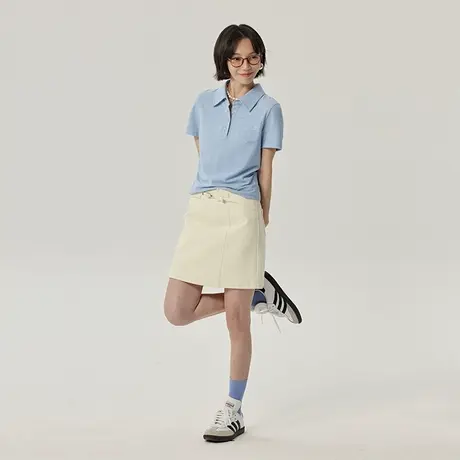 omont蛋挞家 复古Polo领短袖T恤夏季新款修身显瘦短款上衣女图片