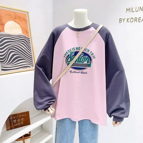 微胖遮肉穿搭~韩代款秋季长袖上衣复古美式字母中长款薄款卫衣商品大图