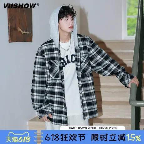 VIISHOW蓝色格子衬衫外套男春秋新款美式棒球夹克休闲连帽卫衣服商品大图