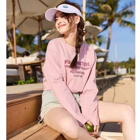 唐狮春季新款长袖T恤女撞色拼接百搭显瘦上衣女宽松校园打底衫潮商品大图