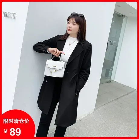 绮娑2021秋冬新款显瘦百搭气质中长款胖MM加肥加大码风衣外套黑色商品大图