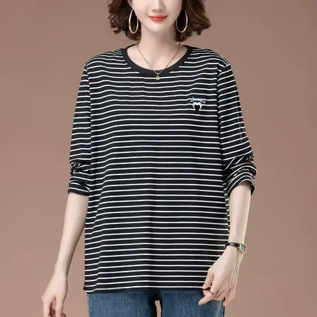 条纹打底衫女春秋宽松加肥加大码女装中老年妈妈遮肚显瘦长袖T恤图片