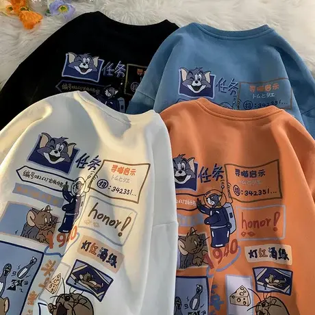 奶系秋季卡通卫衣加绒加厚hiphop酷潮宽松大码女装慵懒情侣装超火商品大图