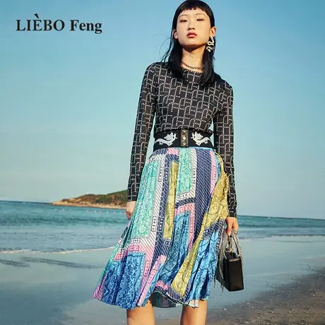 裂帛LIEBOFeng设计师品牌2023假日南法风个性撞色印花百褶半身裙图片