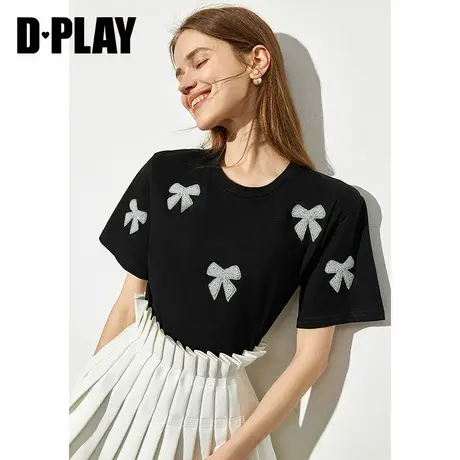 DPLAY2023年元气少女可爱wink猫咪闪钻蝴蝶结黑色T恤图片