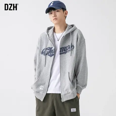 男士灰色开衫卫衣男春秋宽松连帽外套韩版潮流字母印花青年连帽衫图片
