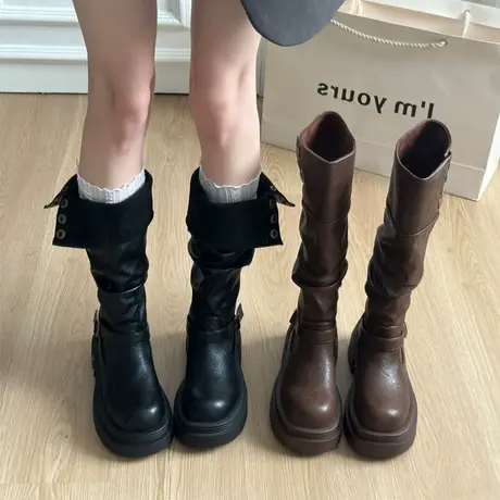 废土风靴子美拉德堆堆长筒靴女粗腿小个子厚底两穿高筒西部骑士靴商品大图