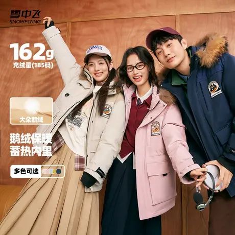 雪中飞2025秋新款男女鹅绒工装拼接户外运动羽绒服大毛领情侣外套商品大图