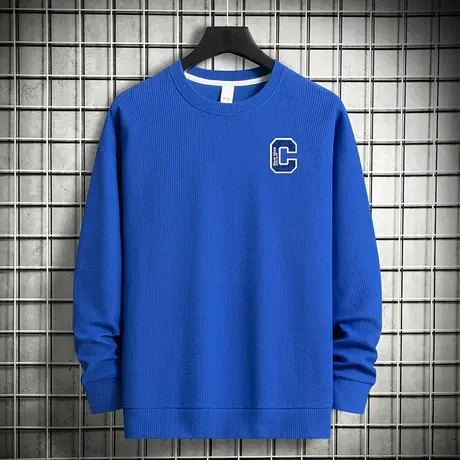 男士卫衣华夫格圆领长袖t恤潮牌潮流宽松克莱因蓝套头无帽上衣服商品大图