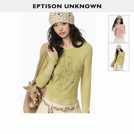 EPTISON长袖T恤女2025秋季新款修身少女风假两件蕾丝拼接短款上衣商品大图