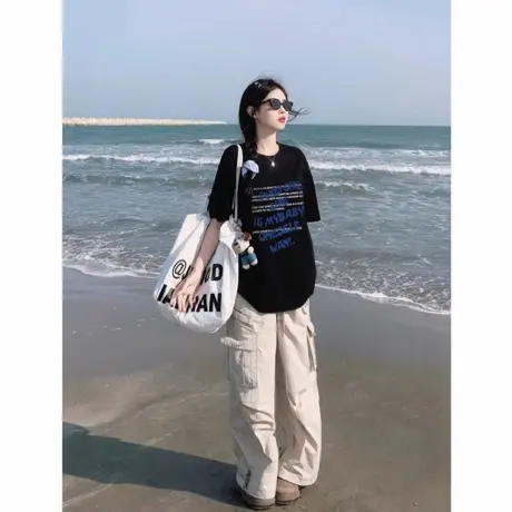 黑色短袖t恤女夏季2025新款美式宽松半袖纯棉高级感百搭显瘦上衣商品大图