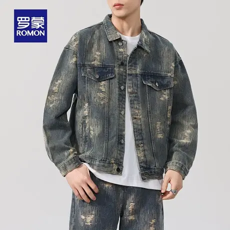 罗蒙水洗牛仔外套男士秋季新款美式工装长袖休闲破洞提花夹克N3Z商品大图