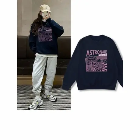 早秋季薄款卫衣女2025新款宽松藏蓝色圆领设计感韩版长袖潮牌上衣商品大图