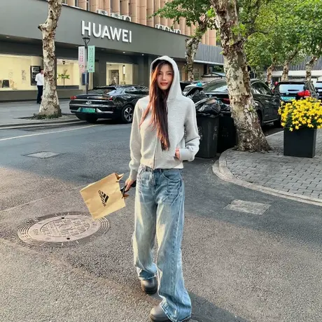 美式街头短款开衫连帽卫衣女2025早秋新款小个子设计感外套上衣商品大图