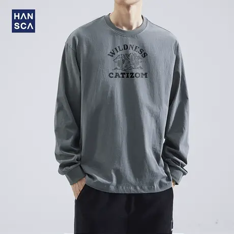 hansca秋季260g宽松长袖t恤男士美式复古印花圆领纯棉内搭打底衫商品大图
