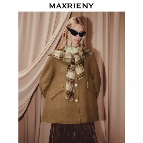 MAXRIENY格纹围巾领羊毛大衣25冬款乡村巴恩风穿搭H型廓形外套女商品大图