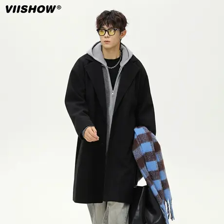 VIISHOW双面毛呢翻领大衣男秋冬中长款风衣日系宽松复古加厚外套商品大图