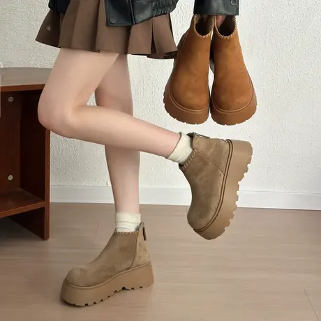 厚底小个子短靴女2025年秋季新款圆头百搭时尚马丁靴气质勃肯靴子商品大图