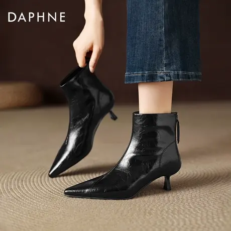 达芙妮黑色尖头短靴2026冬季新款加绒瘦瘦靴法式高跟鞋切尔西靴子图片