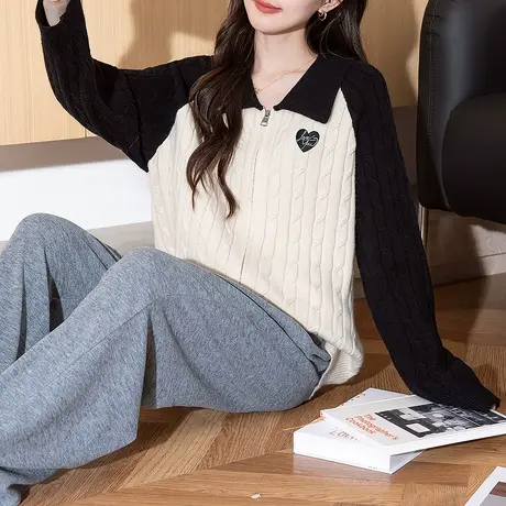 唐狮秋冬毛衣女拼色翻领插肩袖拉链针织开衫外套高级感上衣潮tu图片