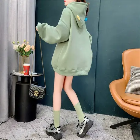 连帽套头卫衣女加绒加厚秋冬2021新款ins字母减龄慵懒风上衣外套商品大图