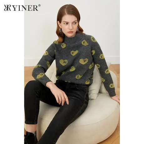 YINER音儿商场同款女装2021冬季新款爱心提花半高领针织衫商品大图
