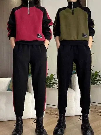 2023秋冬宽松加绒运动套装女高领拉链撞色哈伦束脚裤卫衣两件套潮图片