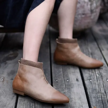 Artmu阿木原创新款裸靴平底弹力靴针织舒适百搭妈妈鞋真皮女靴子图片