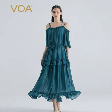 VOA桑蚕丝乔其纱青兰色吊带短袖荷叶边褶皱松紧腰可爱真丝连衣裙图片