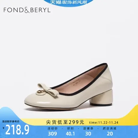 菲伯丽尔单鞋新款时尚圆头粗跟浅口蝴蝶结优雅通勤女鞋FB11111024图片