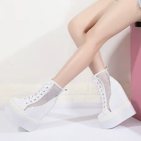 定制19cm内增高女鞋恨天高厚底坡跟休闲高帮鞋透气镂空薄款网靴子商品大图