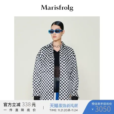 【棋盘格衬衫式外套】玛丝菲尔冬季新款棋盘格真丝廓形宽松短外套商品大图