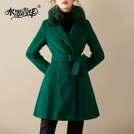 水墨青华2024春装新款时尚羊毛呢外套系带修身百搭中长款大衣女图片