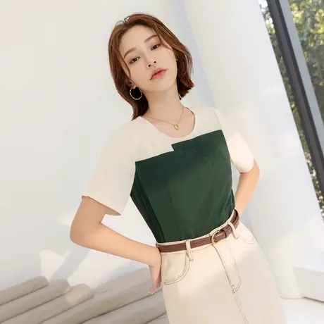 桔熊夏季通勤ol别致不对称拼色圆领短袖上衣女胖妹妹大码AB19004图片