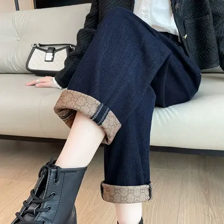 加绒卷边牛仔裤女春秋季薄绒加厚高腰直筒宽松显瘦萝卜哈伦老爹裤商品大图