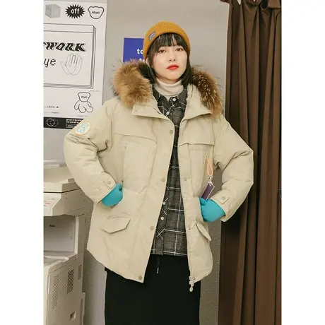 omont蛋挞家 复古修身可拆卸毛领连帽羽绒服女中长款加厚大衣冬季商品大图