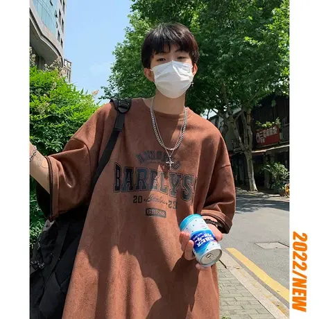 夏季新款宽松短袖T恤男2024年潮流美式字母印花休闲男生落肩上衣商品大图