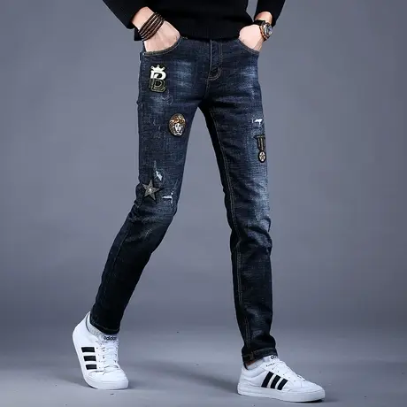 男士刺绣牛仔裤男款秋冬加绒新款蓝色潮牌修身小脚裤子男潮流高端商品大图