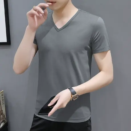 莫代尔短袖t恤男ins潮流V领纯色灰色冰丝冰感半袖男装夏季上衣服商品大图