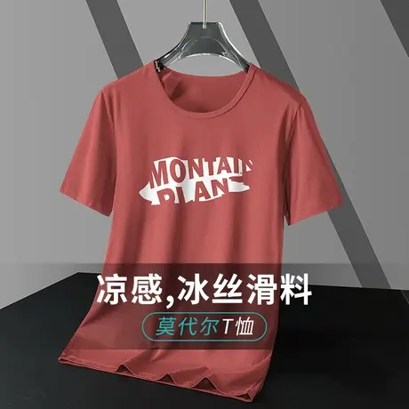 莫代尔冰丝t恤男士短袖透气速干凉感圆领上衣服潮流印花半袖体恤商品大图