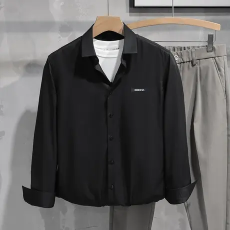 休闲衬衫男长袖春秋季免烫抗皱黑色衬衣轻熟风高级感商务正装寸衫商品大图