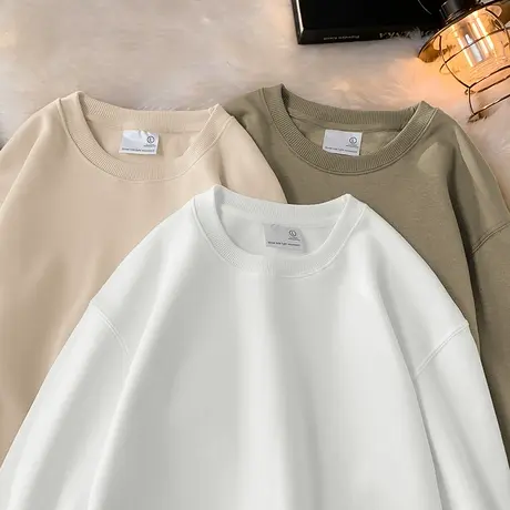 320g重磅卫衣男士秋冬款加绒加厚圆领无帽长袖t恤纯色白色上衣服商品大图