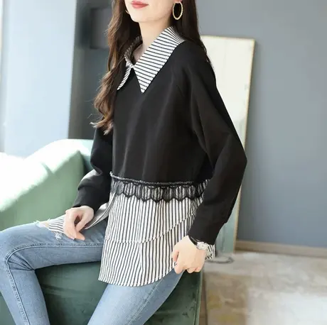 宝诗黎假两件条纹拼接卫衣2024新款长袖棉质上衣秋季时尚外套女款商品大图