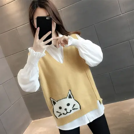 针织背心马甲女秋装2023新款无袖毛衣坎肩洋气上衣女宽松外穿马夹商品大图