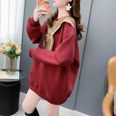 美式复古加绒加厚圆领卫衣女2023新款秋冬宽松百搭设计感外套上衣图片