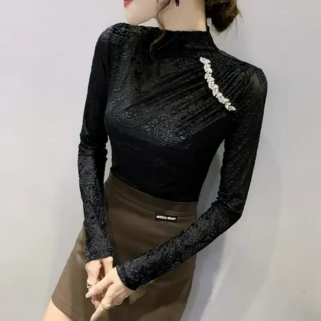 名媛气质网纱打底衫女秋冬重工设计感小众上衣性感修身T恤长袖潮图片