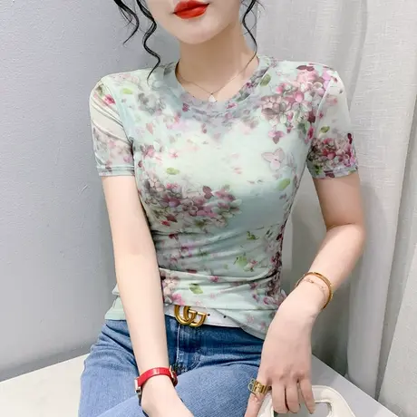 漂亮印花T恤女短袖2024夏季新款时尚网纱小衫洋气百搭修身上衣ins图片