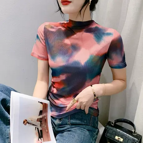 欧货网纱印花短袖雪纺衫女夏2024新款时尚洋气半高领上衣漂亮小衫图片