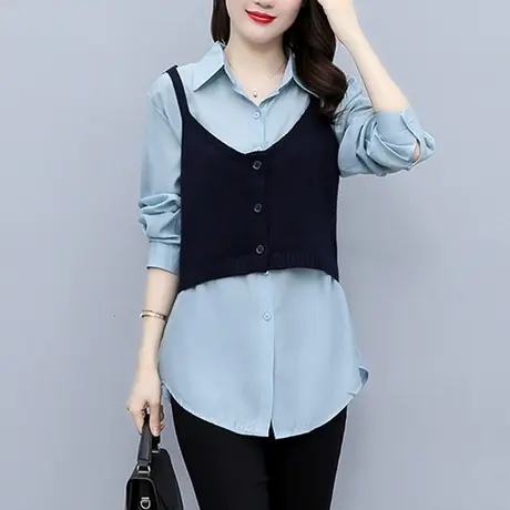 大码早秋设计感小众女士衬衫春秋季2023新款衬衣+马甲两件套上衣图片