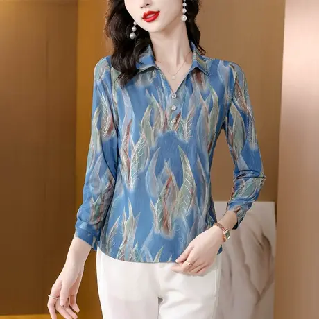 2023秋款新款妈妈秋装洋气雪纺衬衫长袖上衣40岁50中老年女打底衫商品大图